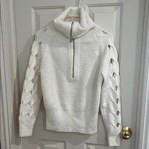 White House Black Market Ivory Zip-Front Turtleneck with Lattice Cutout Sleeves